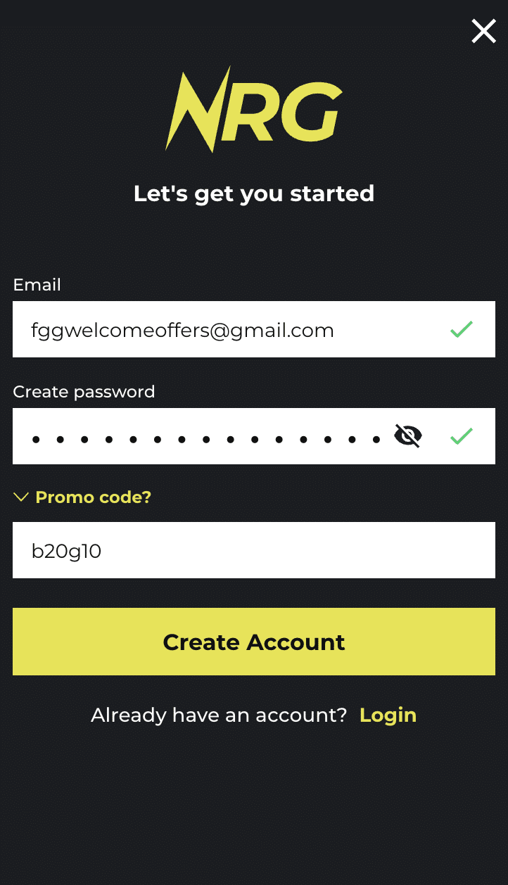NRG Bet sign up offer page
